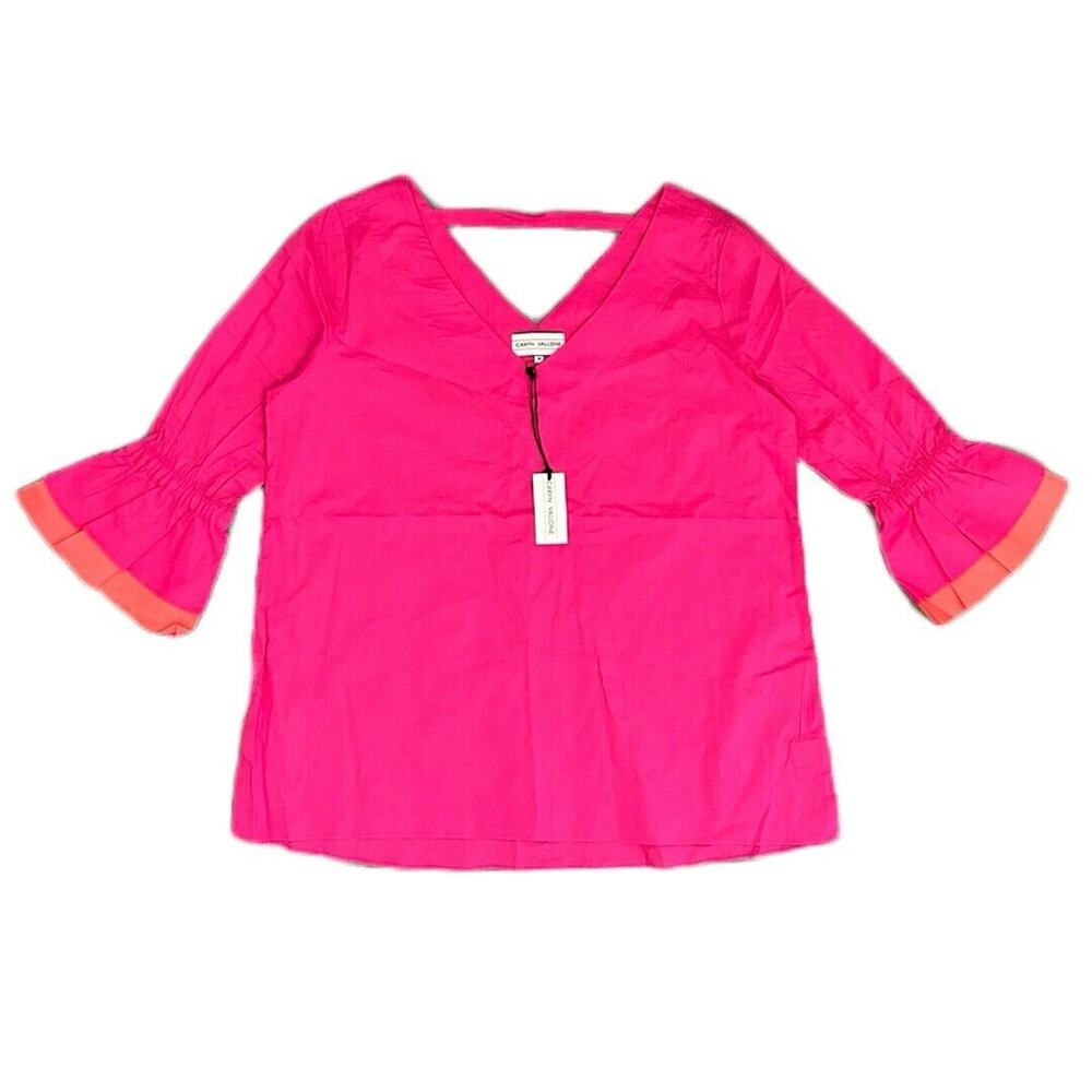 Caryn Vallone Women’s V-neck 3/4 Poet Layered Sleeve Fuchsia Cotton Size‎ M NWT